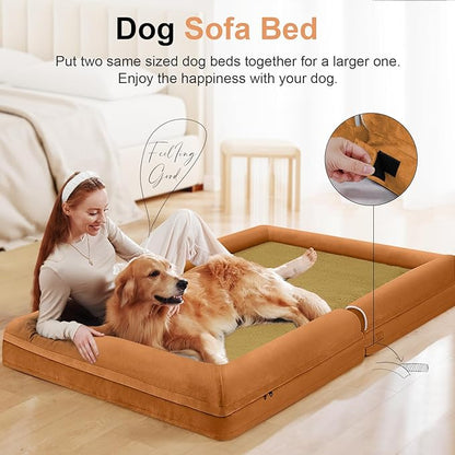 Large Dog Bed Orthopedic Washable: Jumbo Dog Bed Bolster Extra Large Dogs Egg Crate Foam Sofa Couch Waterproof Removable Cover - Orange