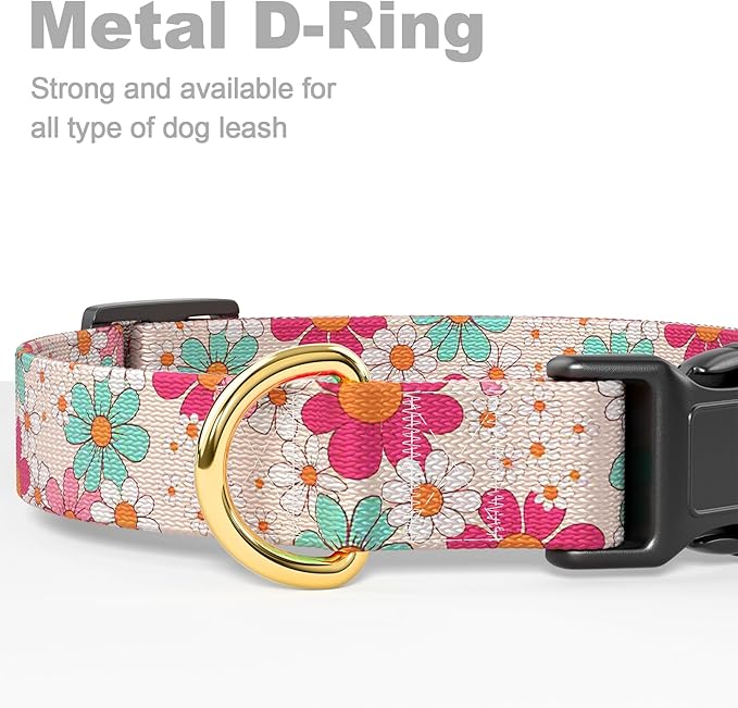 Rnivvi Dog Collar for Medium Dogs, Cute Heavy Duty Adjustable Puppy Collar with Quick Release Buckle for Girl & Female, Pet Accessories for Walking Running, M Length 1" Width, Hand Drawn Flowers