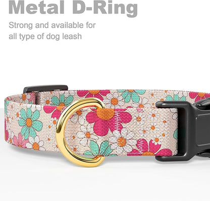 Rnivvi Dog Collar for Medium Dogs, Cute Heavy Duty Adjustable Puppy Collar with Quick Release Buckle for Girl & Female, Pet Accessories for Walking Running, M Length 1" Width, Hand Drawn Flowers