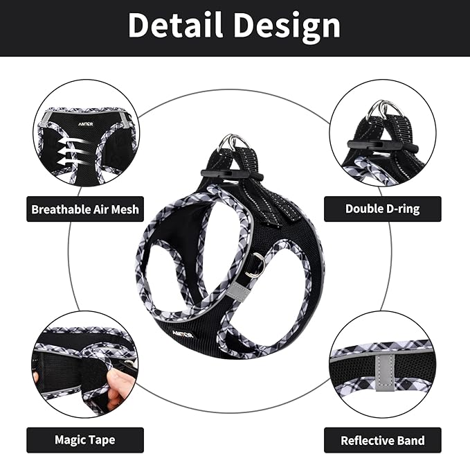 AMTOR Dog Harness with Leash Set,No Pull Adjustable Reflective Step-in Puppy Harness with Padded Vest for Extra-Small/Small Medium Large Dogs and Cats(XXXS, Blackwhite)