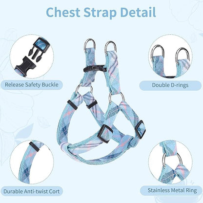BINGPET Dog Harness Collar Leash Set,Adjustable No Pull Escape Proof Small Dog Harness,Classic Plaid Puppy Harness and Leash Set for Small Medium Large Dogs Training Easy Walk Running(Blue,L)