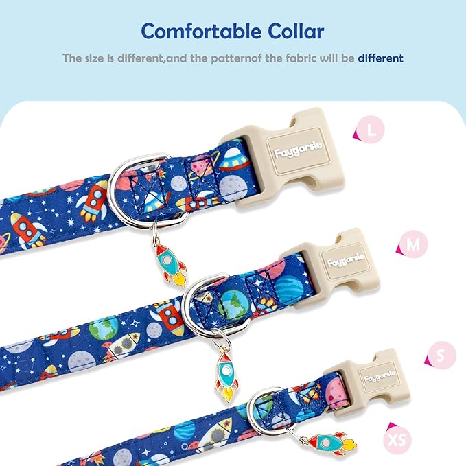 Faygarsle Space Theme Dog Collar, Navy Blue with Rockets and Planets Pattern for Summer Small Medium Large Dogs XS