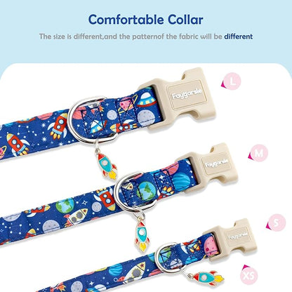 Faygarsle Space Theme Dog Collar, Navy Blue with Rockets and Planets Pattern for Summer Small Medium Large Dogs L