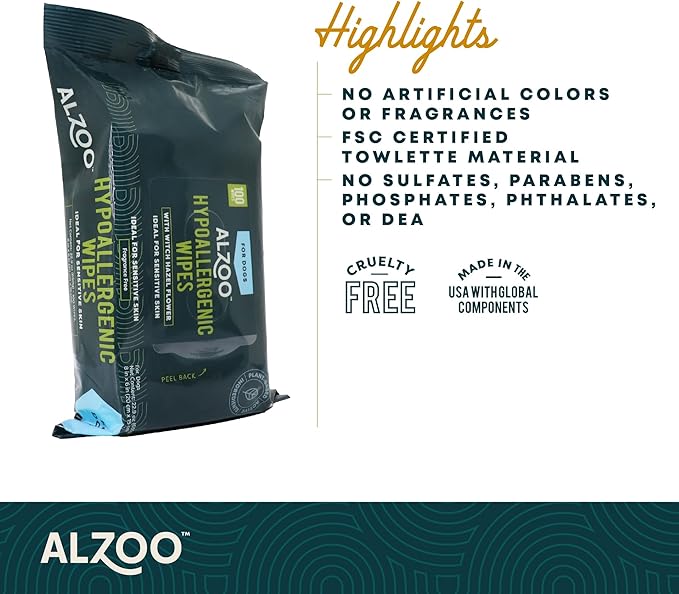 ALZOO Grooming Hypoallergenic Wipes for Dogs, 100% Plant-Based Active Ingredients, 100 Count