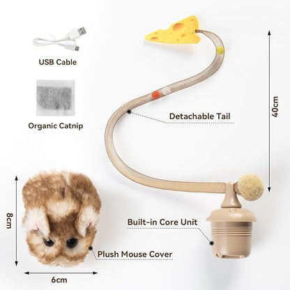 Migipaws Interactive MigiMouse Cat Toy 360° Rolling & Spin with Wiggling Tail for Indoor Cats Smart Motion Sensor, Realistic Squeak, Rechargeable Plush Kitten Toy(Brown Long)