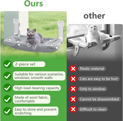 2 Pack Cat Window Perch, Glow in The Dark Foldable Cat Window Hammock with Sunken Design, Removable Soft Cover, Breathable Cordless Window Bed for Cats Inside Holds up to 40lbs (Star Grey, M)