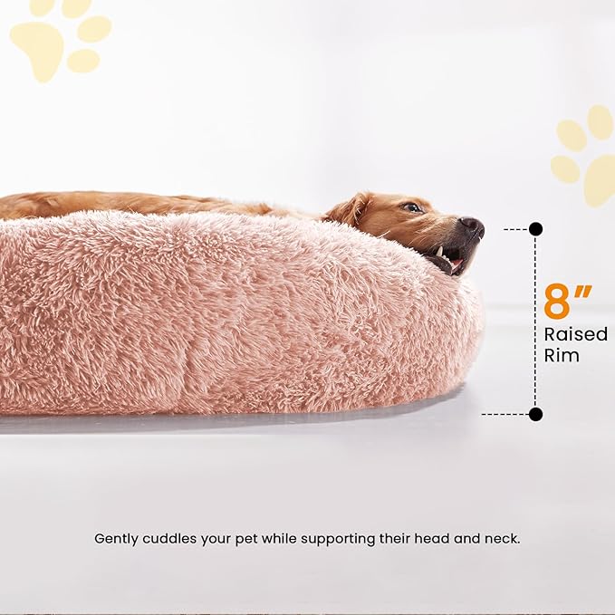 Calming Dog Beds for Large Dogs, Faux Fur Donut Cuddler Dog Bed, Round Fluffy Pillow, Washable Pet Bed for Dogs Up to 80Lbs, 36inch