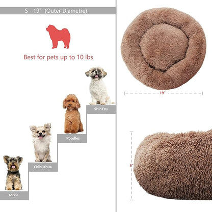 Calming Donut Dogs Beds for Small Dogs Washable,19inch Fluffy Round Puppy Bed for Puppies,Cats & Toy Breeds with Raised Rim,Fits up to 15 lbs Pets,Camel