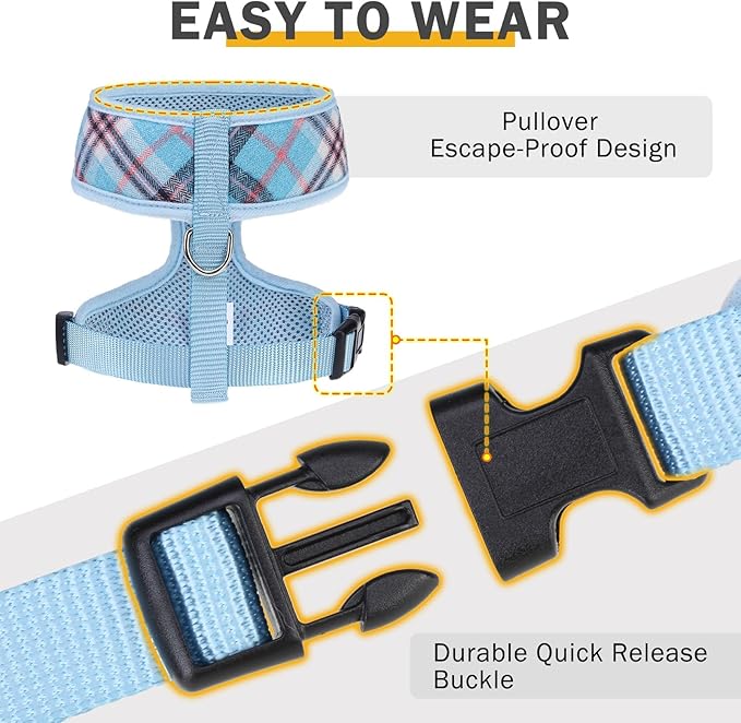 SCENEREAL Puppy Dog Harness with Leash Set for Small Medium Sized Dogs, Soft Mesh Step in Pet Harnesses and Leash, No Chock Plaid Adjustable No Pull Vest for Dogs Cats, Chihuahua,Bulldog (Blue XS)