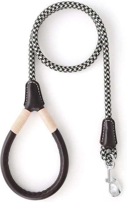 Mile High Life Genuine Leather Wrapped Handle Dog Leash, w Heavy Duty Clasp Rope Leash for Small Medium Large Dogs (Black Khaki, 4FT)
