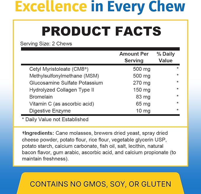 Hip & Joint Supplement for Dogs & Cats with Cetyl Myristoleate, Glucosamine, Collagen, MSM - Max Strength Joint Support for Mobility, Senior Pets, Large Breeds - 180 Soft Chews (Bacon/Cheese)