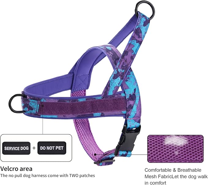 Annchwool No Pull Dog Harness,Heavy Duty Collar & Leash Set-Leash with Double Handle & Car Seatbelt Clip-Easy Control for Walking Training Medium Large Size Dogs(Camo Purple,M)