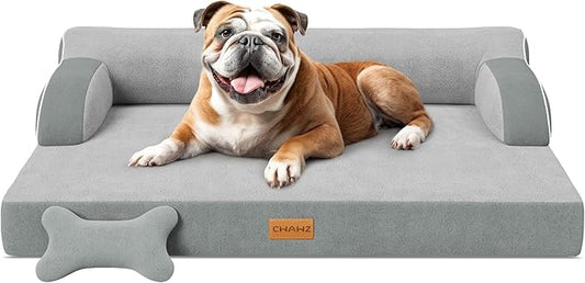 CWAWZ Large Orthopedic Dog Bed, Pet Bed Large Size Dog, Dual-Sided Cooling Beds with Memory Foam Washable Cover Nonslip Bottom, Waterproof Pet Beds with Bolsters, Light Grey