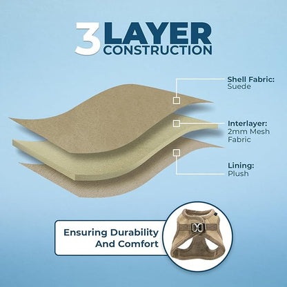 Best Pet Supplies - All Weather Plush, Reflective, No Pull Harness for Small, Medium Dogs, Cats - Secure with Hook & Loop Fastener, Buckle, Double D-Rings - Latte Suede, XL