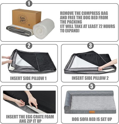 Patas Lague Orthopedic XL Dog Bed Large Sized Dog 42''X28'', Waterproof L Bolster Big Pet Sofa Beds with Removable Washable Cover, Soft Comfortable Pet Couch Crate Mat with Nonskid Bottom, Purple