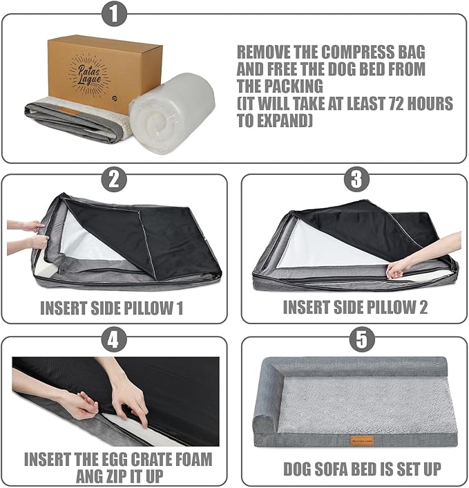 Patas Lague Orthopedic Dog Bed Medium Size Dog 30''X20'', Waterproof L Bolster Medium Pet Sofa Beds with Removable Washable Cover, Soft Comfortable Pet Couch Crate Mat with Nonskid Bottom, Brown