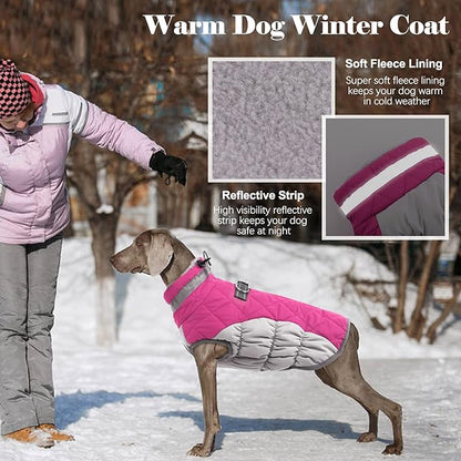 Lelepet Dog Coat Warm Dog Winter Coat Waterproof Dogs Jacket with Harness Built in Reflective Pet Fleece Vest Zip-Up Cold Weather Coats for Medium Dogs Turtleneck & Windproof Coats Dachshund Rose Red