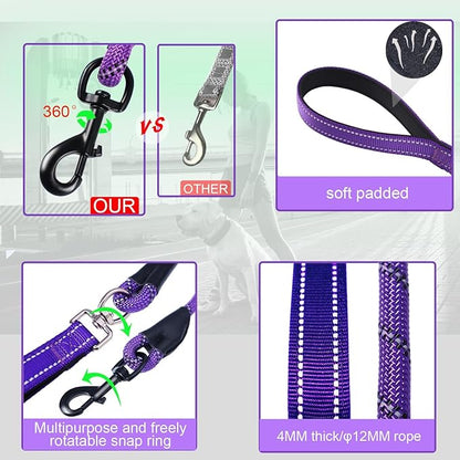 Dog Leash, 6 Foot Dog Leash, 2 Extra Padded Handles, Lockable Metal Carabiner Clip, Reflective No Pull Heavy Duty Rope Lead, Walking, Training, Running, Medium to Large Breeds（Purple）