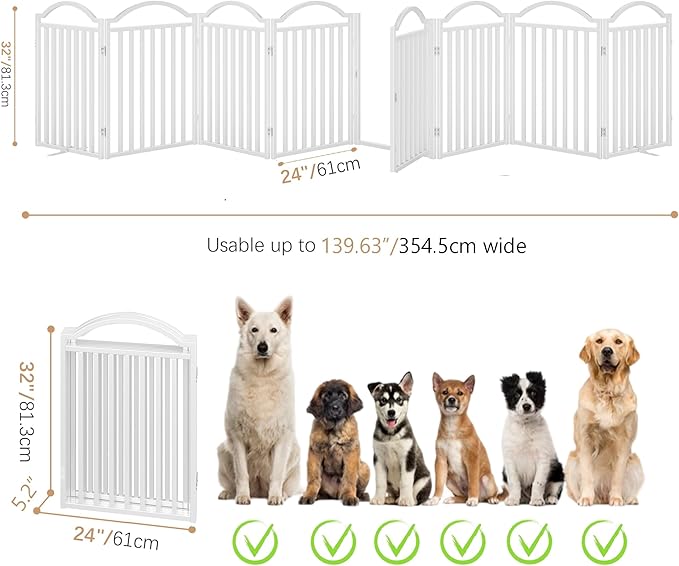 BHG Metal No-Assembly Freestanding Dog Gate with Door Walk Through, Extra Wide 96", Extra Tall 32" Pet Gate, Accordion Puppy Folding Playpen Dog Fence, with 4PCS Support (White, 8 Panels)