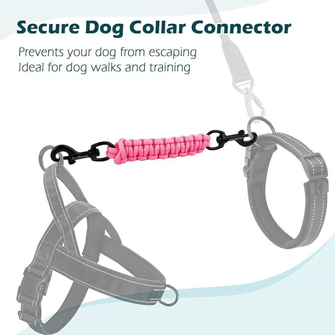 PetBonus Dog Collar Safety Clip, Handmade Backup Safety Strap for Dog Harness, Prong, Pinch Collar, Double Ended Clasp Leash Connector (Pink)