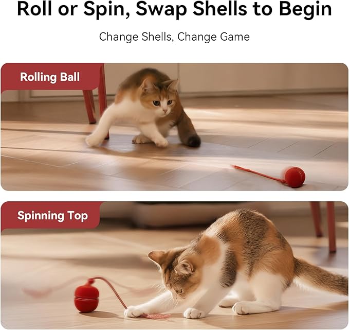 Cheerble 2 in 1 Interactive Cat Toys for Indoor Cats - Wicked Ball Duo2 Automatic Cat Toy, Dual Interchangeable Shells, Electric Cat Toy Ball with Chirping Sounds, Rechargeable Moving Kitten Toys, Red