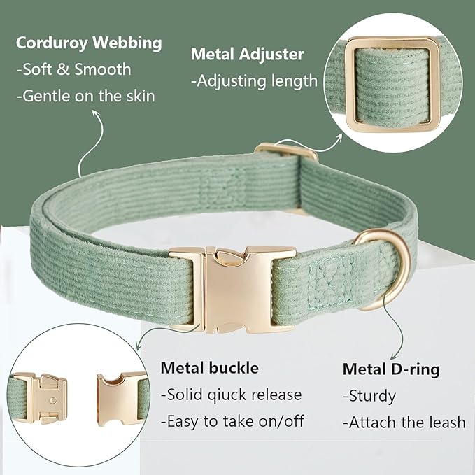 Ewinoom Soft Corduroy Dog Collar and Leash Set Adjustable Durable Dog Collars with Metal Buckle and Lead for Large Dogs,Grass Green