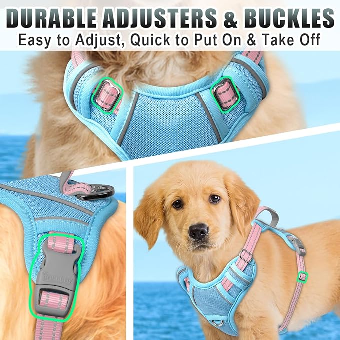 BARKBAY No Pull Dog Harness Large Reflective Dog Harness with Front Clip and Easy Control Handle for Walking Training Running with ID tag Pocket(Baby Blue & Baby Pink,S)