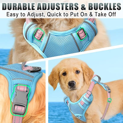 BARKBAY No Pull Dog Harness Large Reflective Dog Harness with Front Clip and Easy Control Handle for Walking Training Running with ID tag Pocket(Baby Blue & Baby Pink,XS)