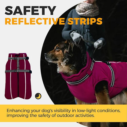 Lelepet Dog Winter Coat Waterproof Dog Jacket with Harness Built in Windproof Reflective Pet Coats for Small Medium Large Dogs, Thermal Fleece Lined Coats for Cold Weather Walking Hiking, Rose Red, XL