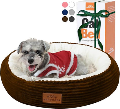 Zerbuger 23in Round Cat Dog Bed for Large Medium Small Dogs Cats, Machine Washable Sleeping Sofa, Non-Slip Bottom Breathable Soft Calming Pet Cuddler for Indoor/Outdoor/Car/Cage, Brown