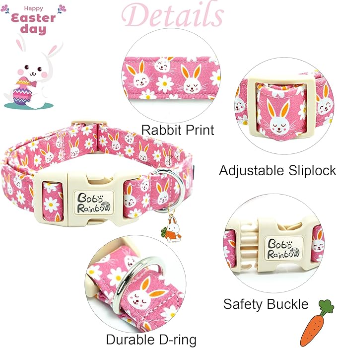 Easter Dog Collar-Cute Rabbit Adjustable Pet Collar Soft Pink Holiday Puppy Collar Comfortable Cotton Necklace Gift for Small Dogs