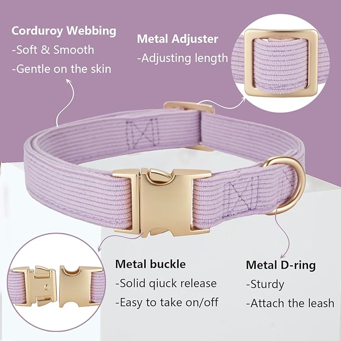 Soft Corduroy Dog Collar and Leash Set Adjustable Durable Dog Collars with Metal Buckle and Lead for Large Dogs,Lilac