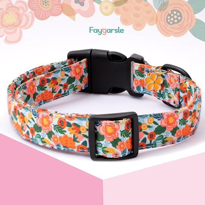 Faygarsle Dog Collar for Small Medium Large Dogs Cute Gaily Colored Puppy Collars for Female Dogs Floral Patterned Pet Collars for Summer Spring Wedding Puppy Girl Dog Collar L
