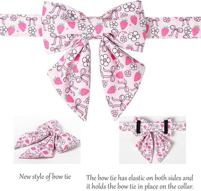 Lionet Paws Strawberry Floral Dog Collar with Sailor Bow, Spring Pink Bow Dog Collars Bow Tie for Dogs, Small, Neck 10-16 inches