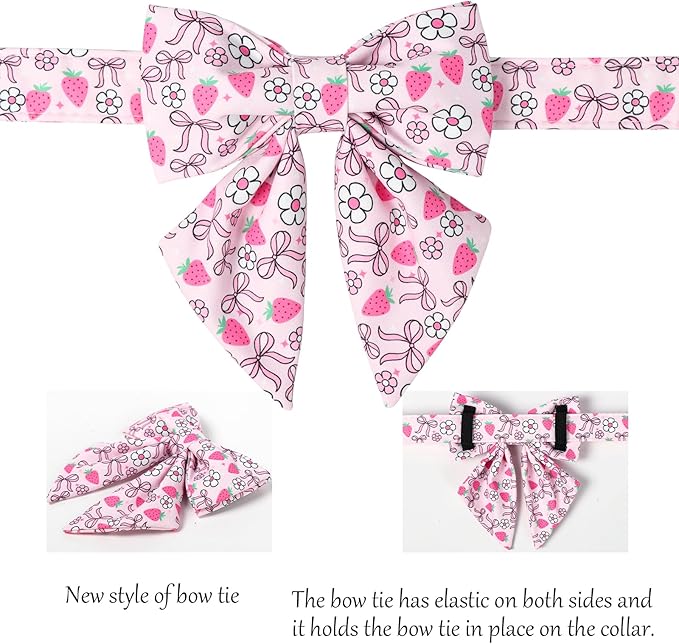 Lionet Paws Strawberry Floral Dog Collar with Sailor Bow, Spring Pink Bow Dog Collars Bow Tie for Large Dogs, Neck 16-24 inches