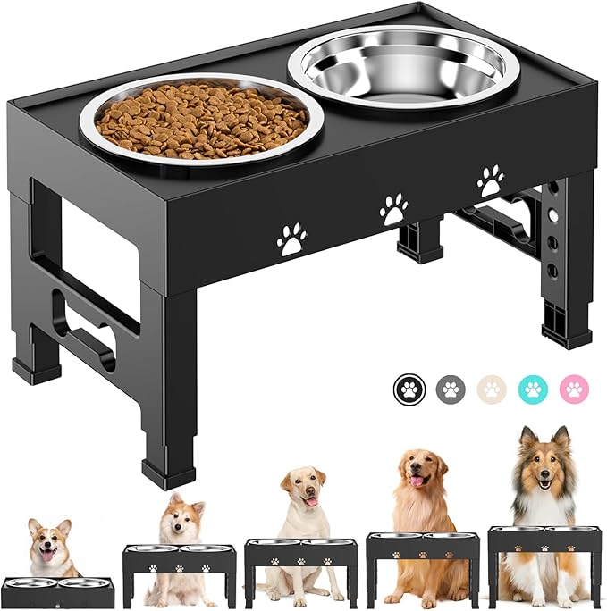 LAKIPETN Elevated Dog Bowls with 2 Stainless Steel Bowls, Raised Dog Food Bowl Stand 5 Height Adjustable (3.1", 9", 10", 11", 12") Non-Slip Feeder Station Set for Medium and Large Dogs - Black