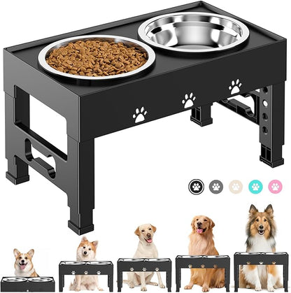 LAKIPETN Elevated Dog Bowls with 2 Stainless Steel Bowls, Raised Dog Food Bowl Stand 5 Height Adjustable (3.1", 9", 10", 11", 12") Non-Slip Feeder Station Set for Medium and Large Dogs - Black