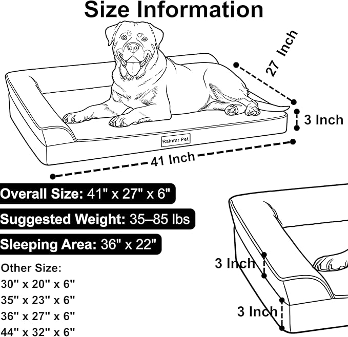 Rainmr Orthopedic Dog Beds for Large Dogs, Memory Foam Dog Beds Large Sized Dogs, Washable Removable Cover, Nonskid Bottom, Waterproof, for Indoor, Outdoor, Crate ＆ Car Use, 41x27x6 Inches, Light Grey