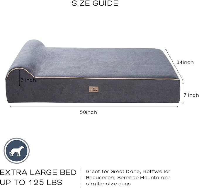 PetFun Jumbo Orthopedic Dog Bed for Large Dogs - 7-inch Thick Memory Foam Dog Bed with Pillow Removable Cover Machine Washable (Gray | Suede), 50''L x 34''W x 10''Th I Extra Large