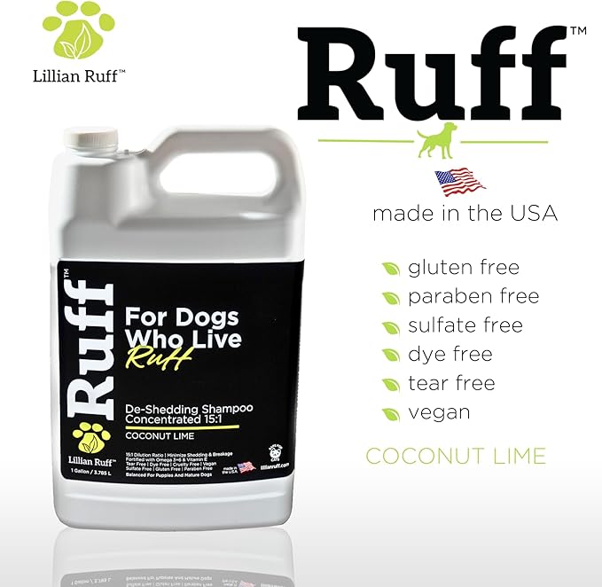 Ruff by Lillian Ruff 15:1 Concentrated Deshedding Dog Shampoo –Professional Extra-Strength Shedding & Odor Control – Aloe, Coconut Oil & Vitamin E – Puppy Safe, USA Made - Coconut Lime – Gallon