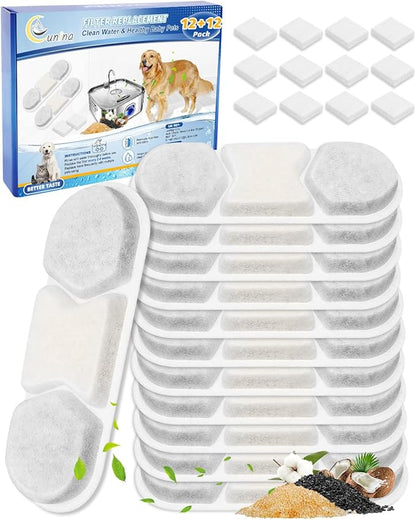 Cunina 12 Pack Replacement Filter & 12 Pre- Sponges Dog Water Fountain Filters Fit for WF120 Large Dog Water Bowl Dispenser 410oz/3.2Gal/12L Automatic Pet Fountain Water Dispenser Stainless Steel