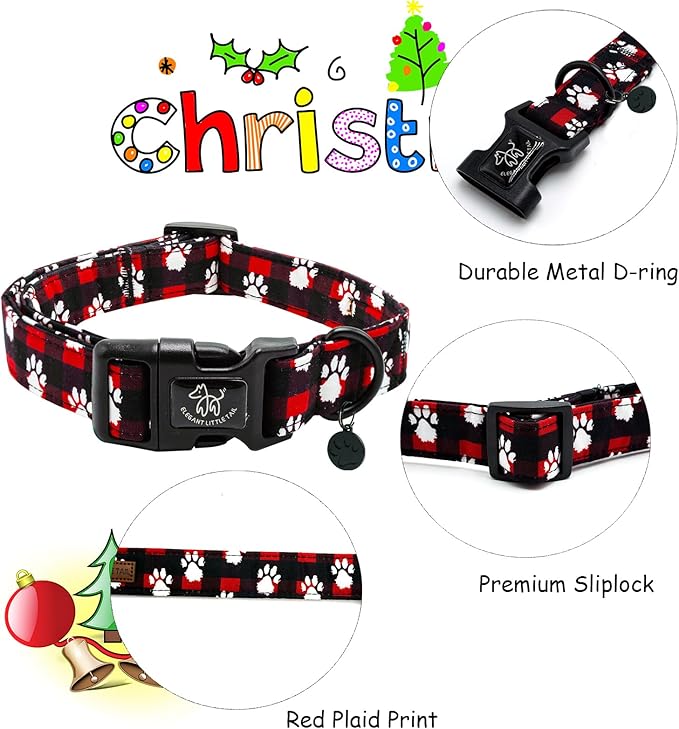 Elegant little tail Christmas Dog Collar, Pet Dog Collar Cotton Soft Plaid Winter Dog Collars Holiday with Quick Release Buckle Pet Puppy Collar for Small Puppy