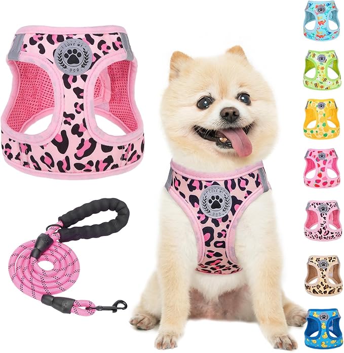 BEAUTYZOO Step in Dog Harness and Leash Set,Reflective Dog Harness No Pull No Choke Puppy Harness for Small Medium Dogs Cats,Soft Padded Mesh Vest Harnesses for Girl and Boy Pets,Leopard Pink M