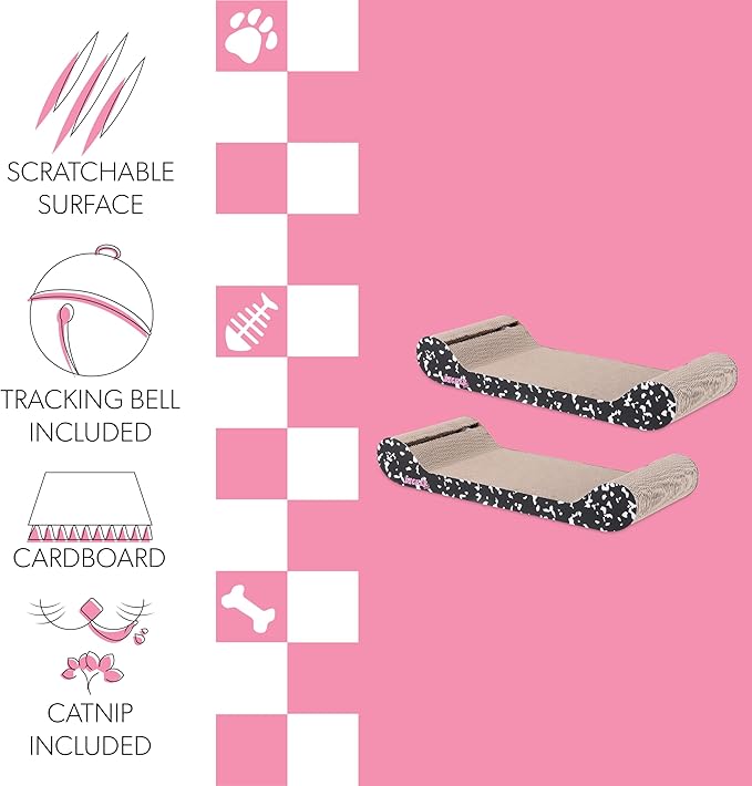 The LICKER Store CSR1003B-SET2 Rini 23.75" Modern Cardboard Lounge Bed Cat Scratcher with Built-in Bell Toys and Catnip, Black/White (Set of 2)