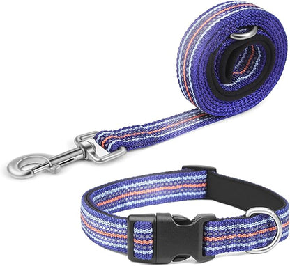 Reflective Dog Collar and Leash Set (4 FT/5 FT), Nylon Leash with Heavy-Duty Steel D-Ring, Adjustable Collar with Quick Release Buckle - 4 Color Matching in Dark Blue