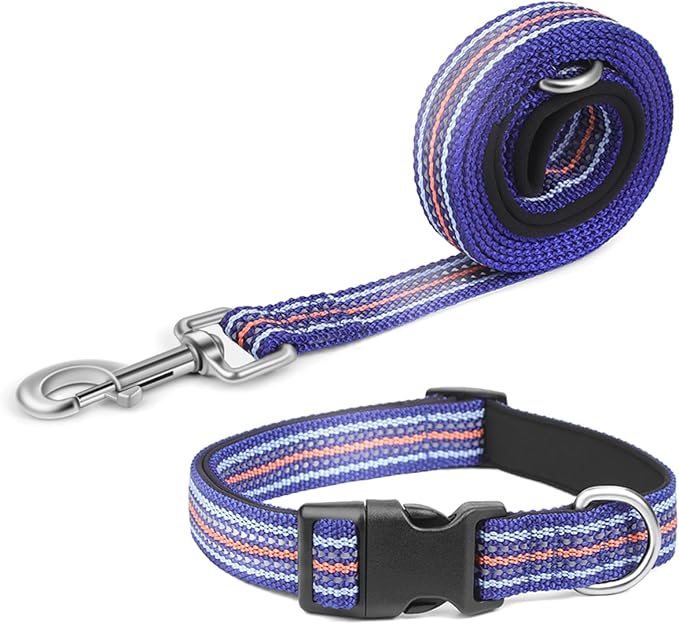 Reflective Dog Collar and Leash Set, Nylon Dog Leash with Heavy-Duty Steel D-Ring, Adjustable with Quick Release Buckle for Large Dogs, Dark Blue L