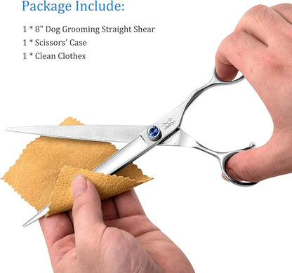 JASON 8" Straight Dog Grooming Scissors Long Pets Grooming Shears Premium Cats Trimming Kit with Offset Handle and a Jewelled Screw Sharp Comfortable Christmas Gift
