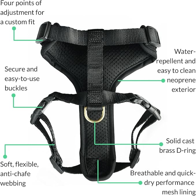 DJANGO Adventure Dog Harness - Stylish and Comfortable Medium Dog Harness for Outdoor Adventures and Everyday Wear - Black Neoprene Adjustable Harness for Dogs with Reflective Piping and Brass D-Ring