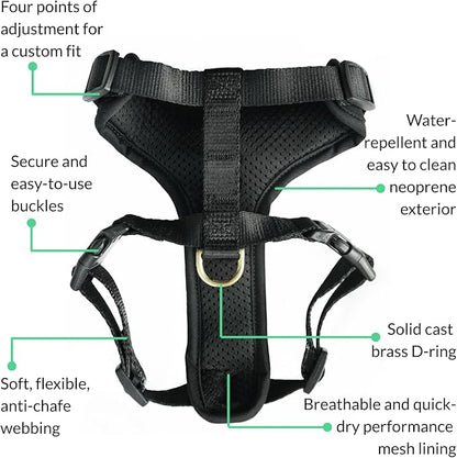 DJANGO Adventure Dog Harness - Stylish and Comfortable Large Dog Harness for Outdoor Adventures and Everyday Wear - Black Neoprene Adjustable Harness for Dogs with Reflective Piping and Brass D-Ring