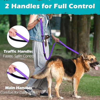 PetBonus Heavy Duty Tactical Dog Leash, 5 FT Bungee Shock Absorption Leash with 2 Padded Handles, Quick Release Metal Clip, Car Seatbelt, No Pull Training Lead for Large Medium Dogs（Purple）